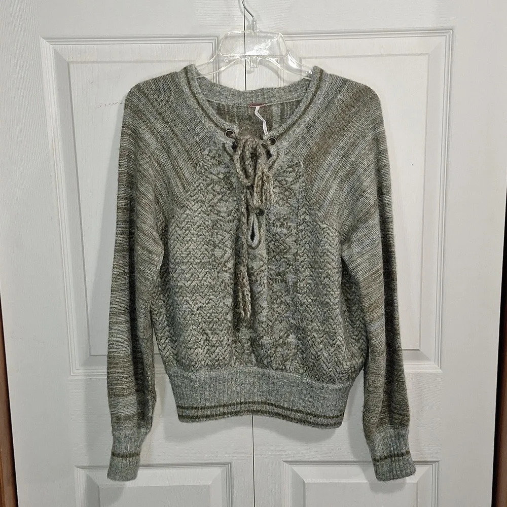 Free People alpaca wool sweater- M - tie neck green brown